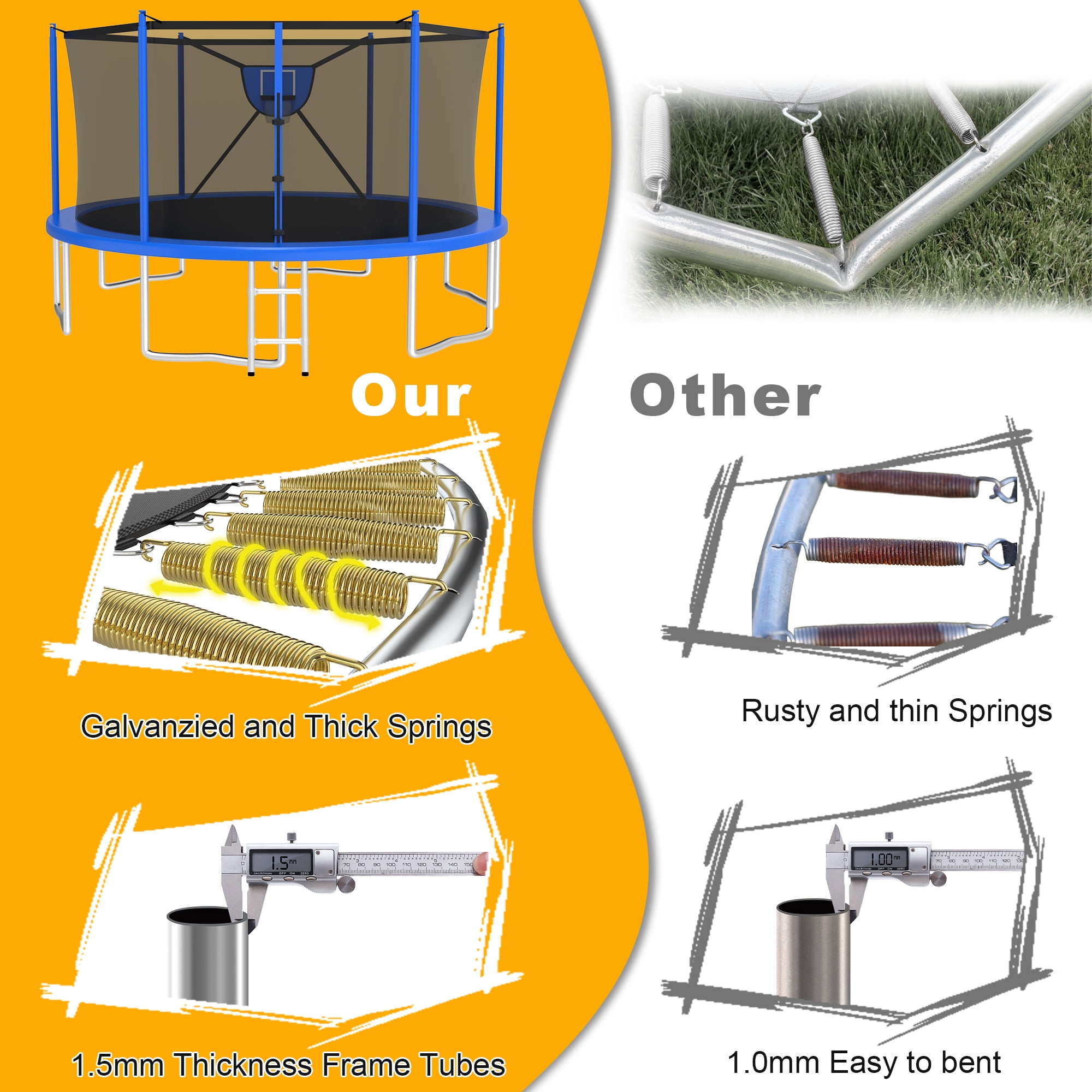 XMIKA Trampolines with Enclosure Net 1500LBS 16FT Heavy Duty Trampoline for Kid Adult Outdoor Anti-Rust Trampolines with Basketball Hoop, Light, Sprinkler, Ladder, Backyard Recreational Trampoline