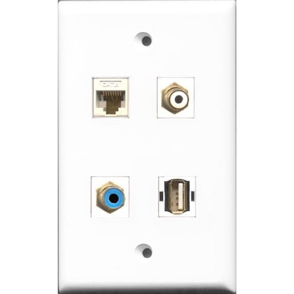 RiteAV 1 Port RCA White and 1 Port RCA Blue and 1 Port USB A-A and 1 Port Cat6 Ethernet White Wall Plate