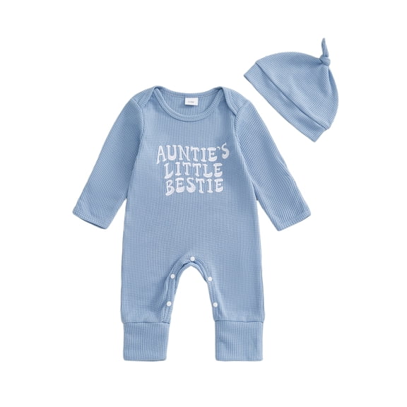 BemeyourBBs Newborn Auntie's Little Bestie Outfit Baby Boy Girl Fall Winter Spring Clothes Waffle Knit Romper Long Sleeve Letter Embroidery Jumpsuit with Hat Set