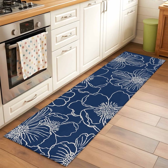 2x6 Kitchen Runner Rug, Blue Flowers Non-Skid Rubber Backing Large Rectangle Rugs - Living Room Bedroom Home Office, Spring Floral Botanical Modern Art Indoor Floor Mat Carpets Washable Rug