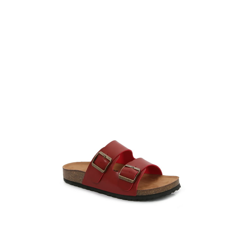 Women Soft Cork Cushioned Footbed PU Leather Double Strap Slider Sandal (PU  Dark Red/ 6) 
