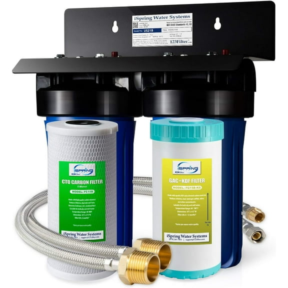 iSpring US21B Heavy Duty 2-Stage Undersink Water Filtration System with 10” x 4.5” GAC KDF and CTO Carbon Block Filters, 1” Ports
