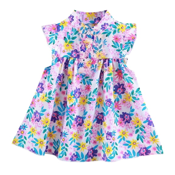 THDHVS Little Girl Dresses,Pretty Floral Print Dress with Flutter Sleeves for Girls Summer Casual Everyday Wear Outdoor and Party Activity,Dresses for Girls Purple