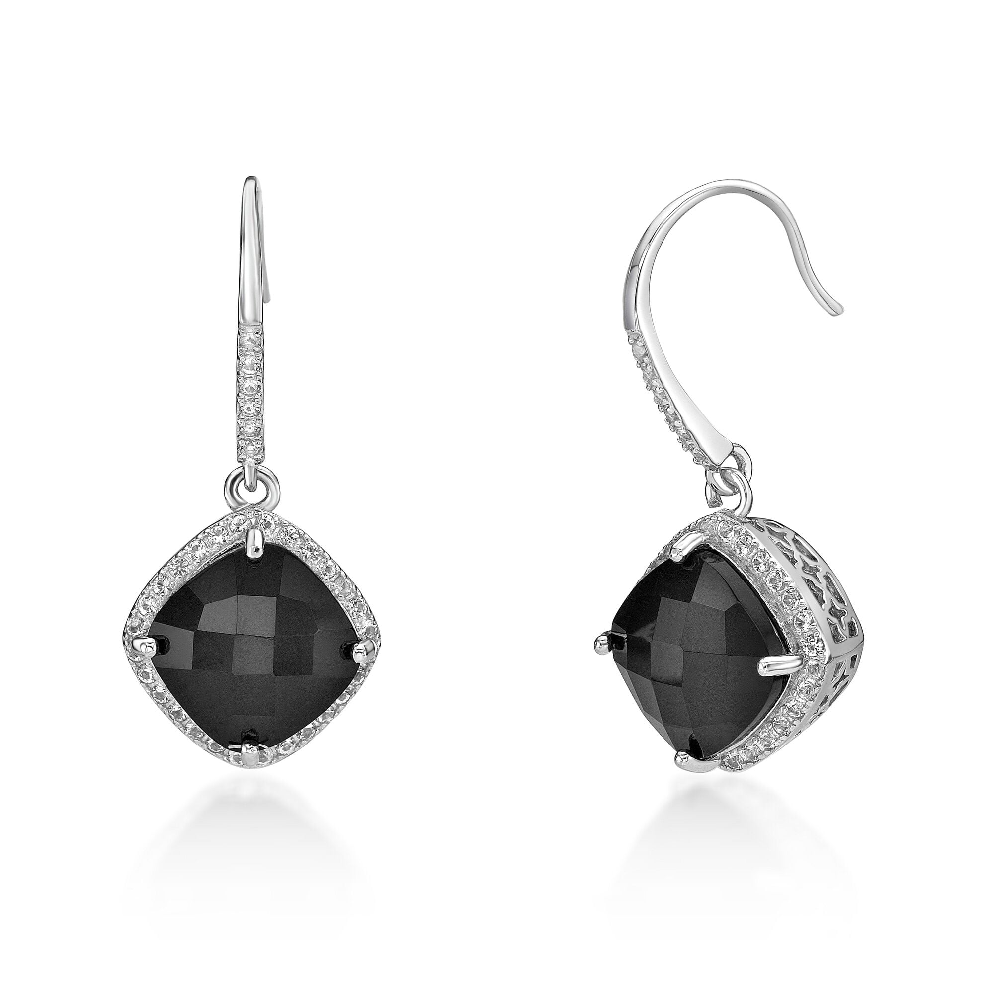 925 Sterling Silver Fish Hook Earrings With 10MM Cushion Black Onyx Fine Jewelry