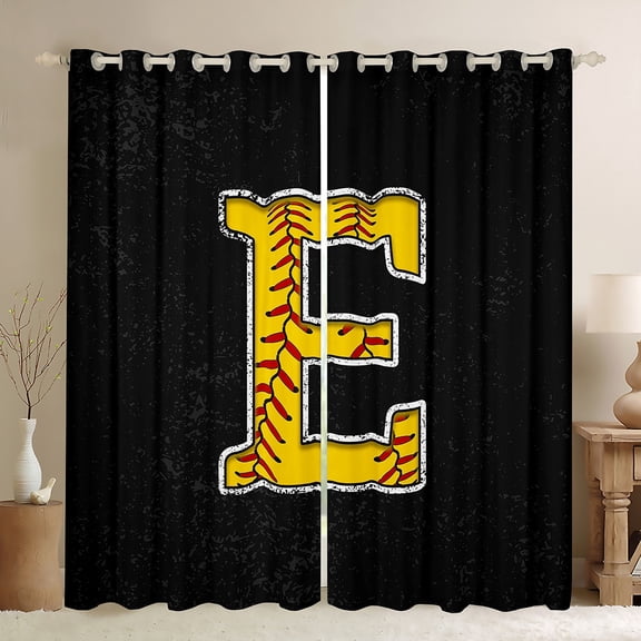 Feelyou Cartoon Baseball Print Black Out Curtains, Monogrammed E Curtains Pack of 2 (42x63 Each), Black Gold Stripes Abstract Bedroom Curtains, Window Curtains Decor