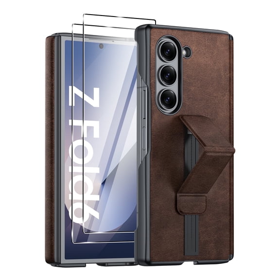 Oupeigar for Samsung Galaxy Z Fold 6 Case,Slide Rail Bracket [Hinge Protection & Screen Protection] PU Leather Matte PC Shockproof Case-Cortical Brown