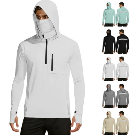 HAOTAGS Athletic Jackets Men Long Sleeve Face Cover Solid Color UV Protection Mesh Hoodie White 2XL
