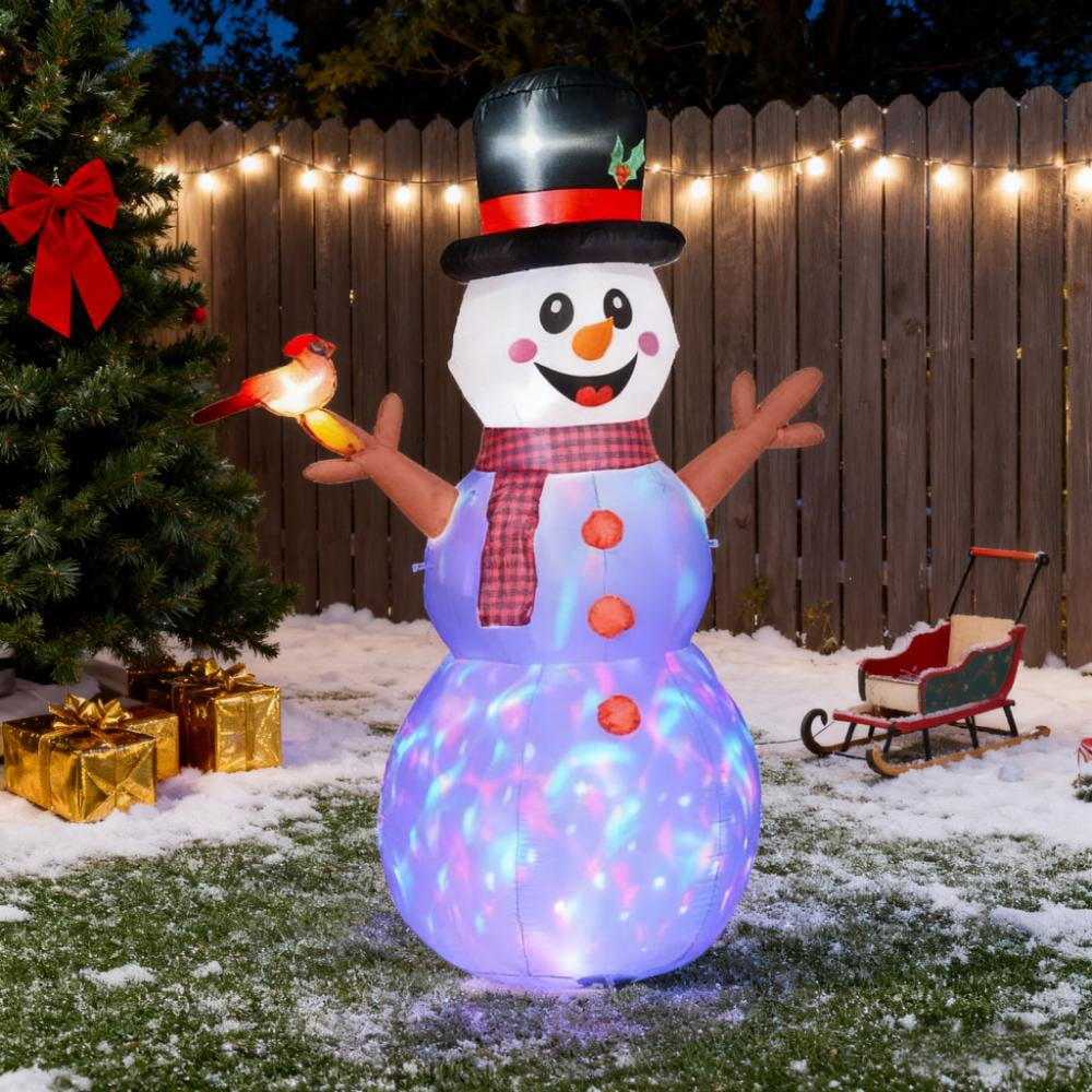 6ft Inflatable Snowman with Branch Hands LED Lights Rotating Colorful Light Outdoor Yard Christmas Decoration