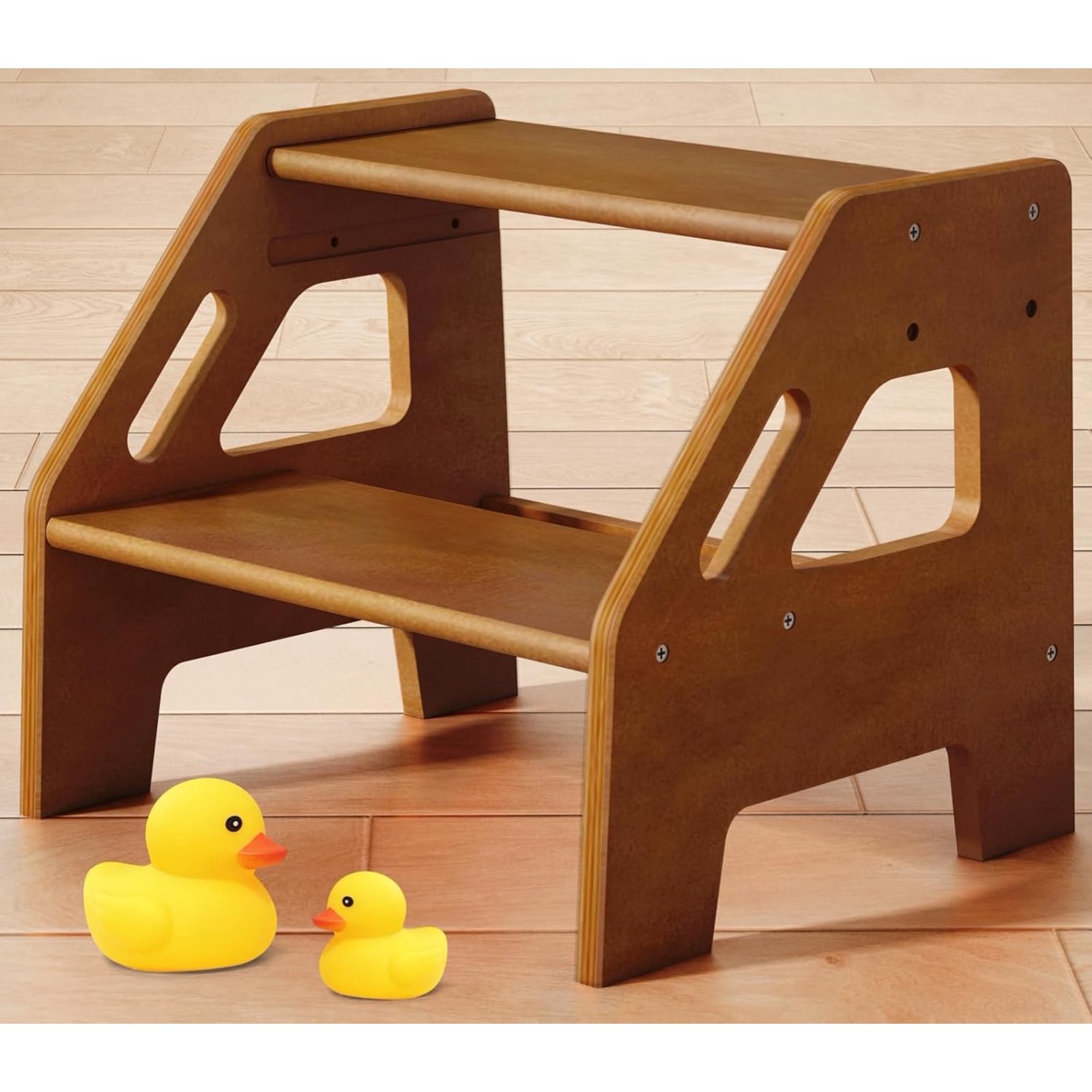 Wooden Toddler Step Stool for Bathroom Sink, Dark Wood Kids Toilet 2 Step Stool for Toddlers Potty Training, Baby Child Stepping Stools with Handles for Bedroom Kitchen Counter (Walnut Brown)