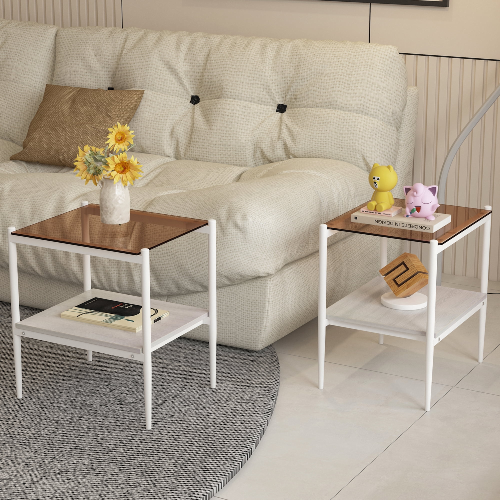 MAYEERTY Set of 2 Rectangle End Tables with Brown Tempered Glass & MDF Layer