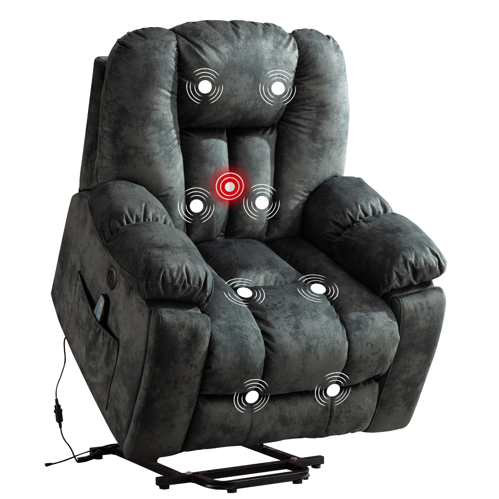 Ebello Large Power Lift Recliner Chair with Heat Massage, USB Ports - Ergonomic Recliner Chair for Elderly, Greenish Gray
