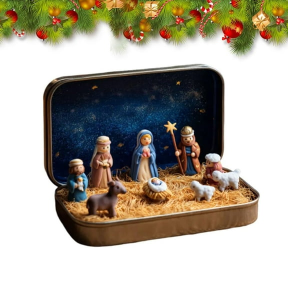 FYHALE Christmas Nativity Figurine - Mini Christmas Nativity Set in a Tin Box, Nativity Scene Statue, Mini Nativity Scene Set Religious Christmas Ornament for Home Desk, Shelf, Office