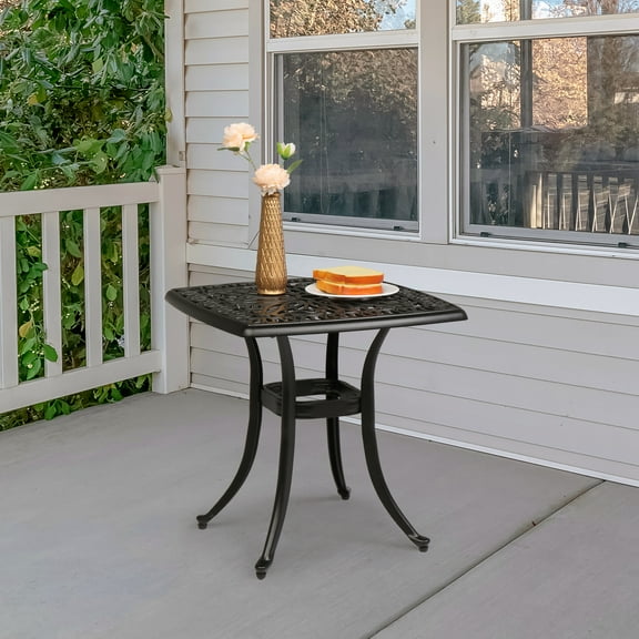 OverPatio 21.3-Inch Square Black Cast Aluminum Side Table with 1.6-Inch Umbrella Hole Black