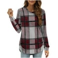 thumbnail image 2 of Women's Flannel Plaid Tops Long Sleeve Crew Neck Shirt Curved Hem Fashion Casual Fall Winter Tunic Tee Shirts (XL, Wine), 2 of 5
