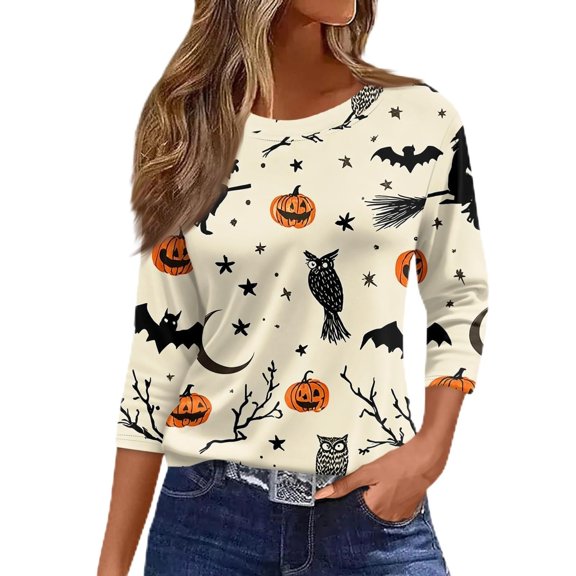 Halloween Shirts for Women 3/4 Sleeve Tops for Women Halloween Graphic Tee Crew Neck T Shirts for Women Vintage Tshirts Summer Tops for Women Ladies' Halloween Top Womens Tops Tshirts for Women