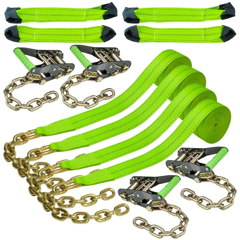 VULCAN 8-Point Vehicle Tie Down Kit, Snap Hook on Strap Ends and Chain Tail  on Ratchet Ends, Set of 4, Reflective High-Viz