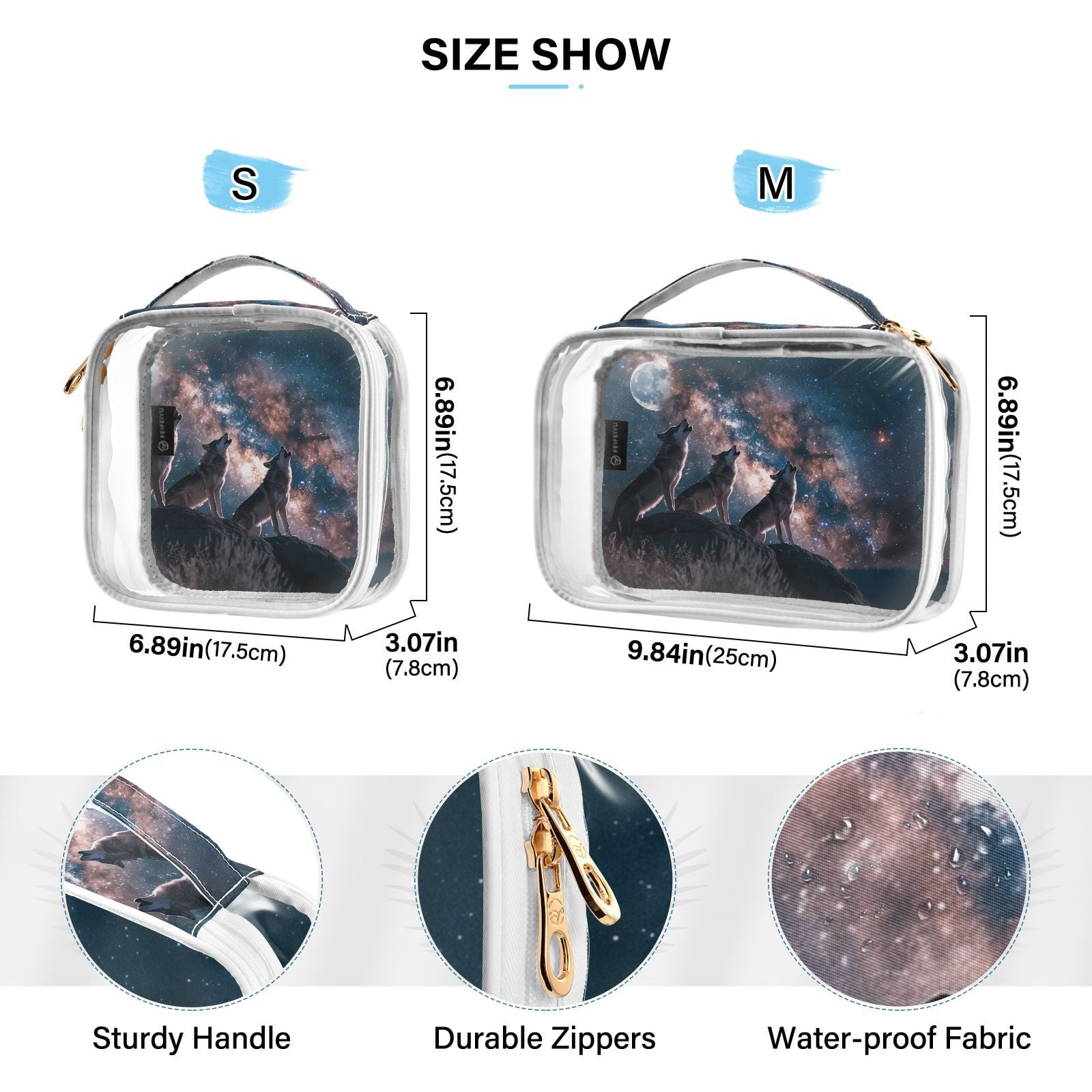 Clear Makeup Bags with Handle Large Opening 2 Pack Set Toiletry Bag Quart Size Bag, for Women Man Traveling Travel Essentials, Toiletries and Other. Wolf