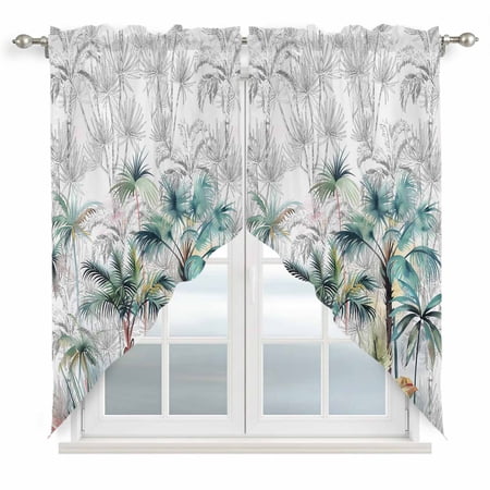 Summer Palm Trees Swag Curtain Valances Botanical Tropical Leaves Kitchen Valance for Window Rod Pocket Short Topper Drapes for Cafe Bedroom Bathroom 2 Panels Window Treatment 36 x36