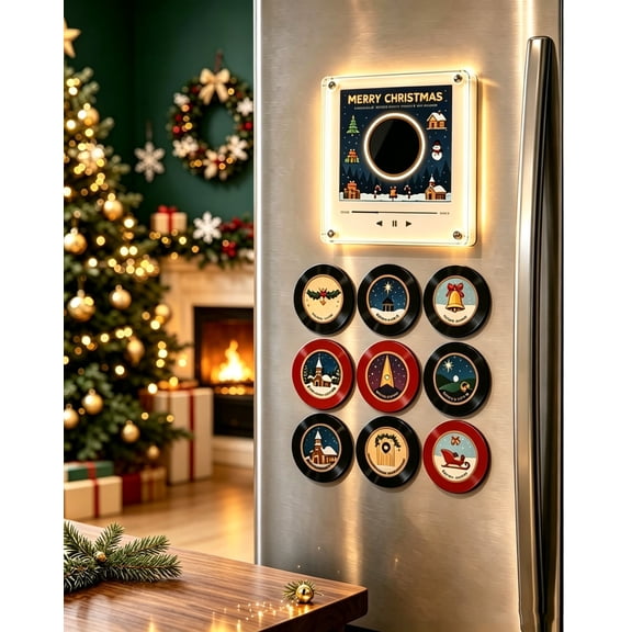 Christmas Mini Vinyl Record Player,Fridge Record Nfc Magnetic Music Box Set,Jingle Vinyl Player Fridge Magnet Music Player With 9 Nfc Discs And Phone-Free Playback For Christmas Decor And Gifting