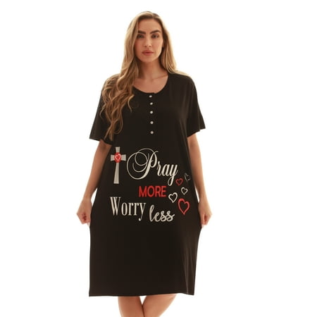 

Just Love Short Sleeve Nightgown Sleep Dress for Women (Black - Pray More Worry Less X-Large)