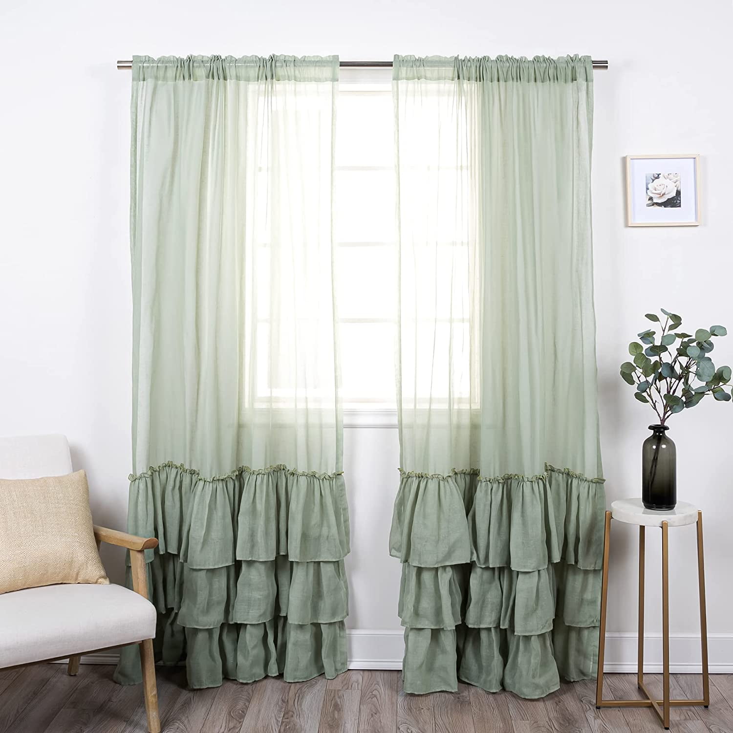 Quality Home Faux Linen Ruffle Curtains