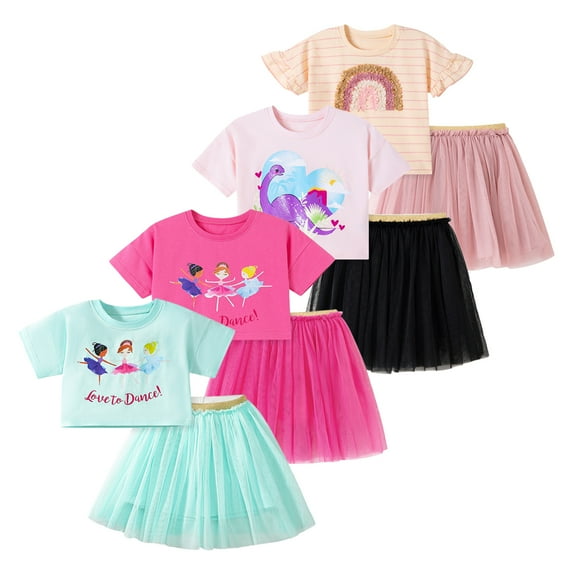 Emy Dola Summer Toddler Girls 2 Pieces Cartoon Tutu Dress 2-7 Years Kids Short Sleeve T-shirt Glimmer Waist Tulle Skirt Outfits