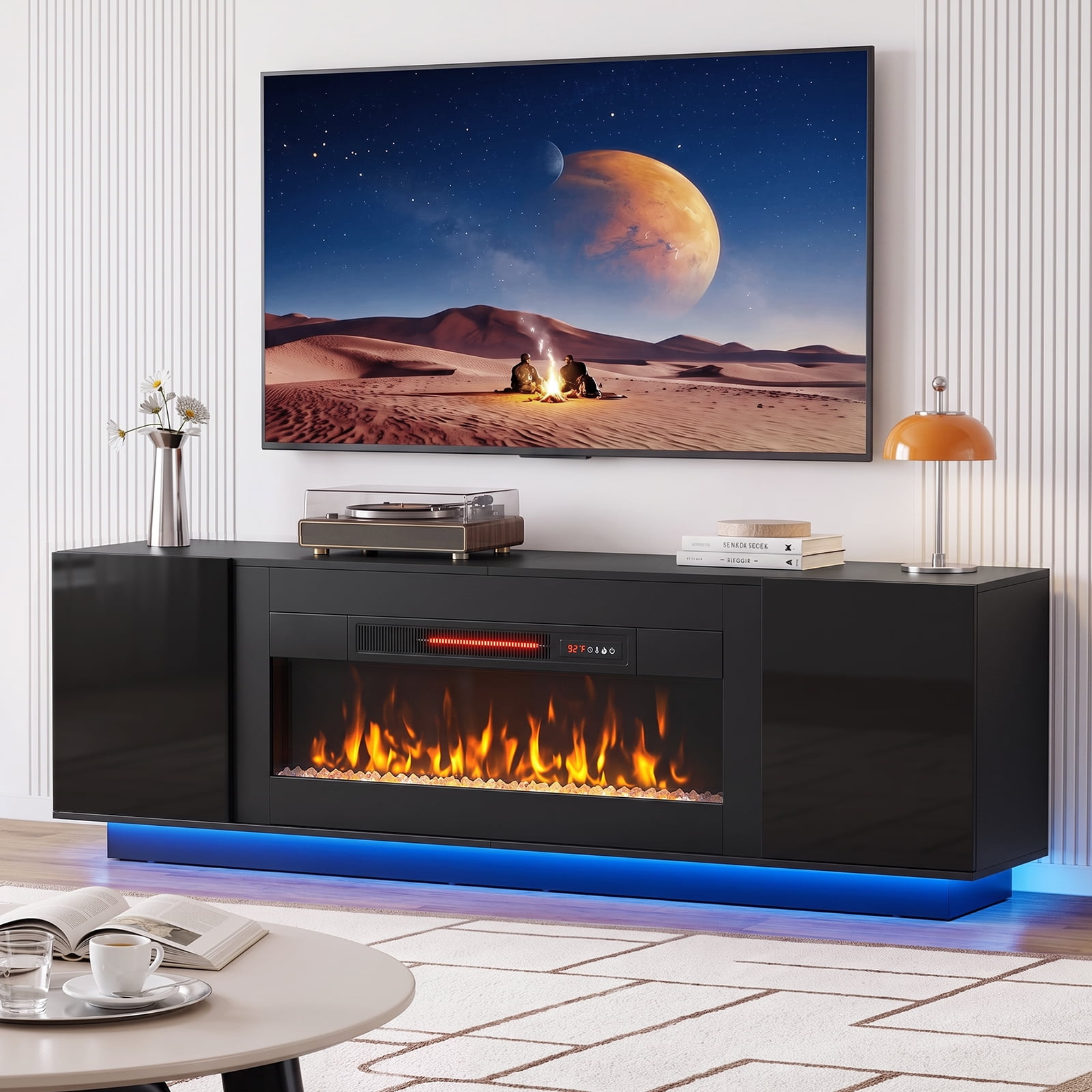 Pinmoco 70" Fireplace TV Stand for TVs Up to 80" with 36" Electric Fireplace, LED Entertainment Center with Cabinet for Living Room, Black