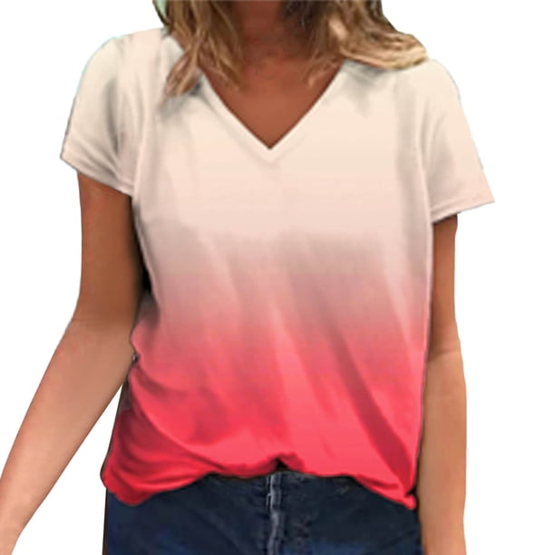 Gibobby Casual Playera de Manga Corta para Mujer Camiseta suelta informal con cuello en V para mujer, blusa manga corta con estampado(Rosa,M)