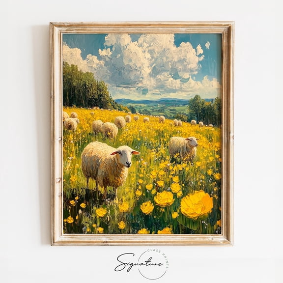 Sheep In Buttercup Field, Vintage Pastoral Landscape Art, Rustic Country Farmhouse Decor, Spring Wall Art 3966 Home Decor, 8x12 UNFRAMED