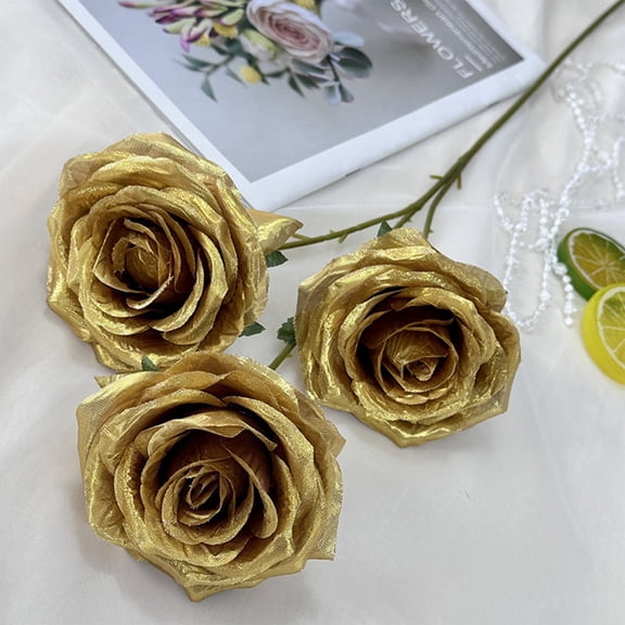 EZPXFCI Gold Roses Artificial Flowers, 1 Pcs Fake Silk Gold Flowers Real Looking Faux Blossom Rose Flower Head for Wedding Bouquet Party Decor DIY Crafts Floral Arrangements