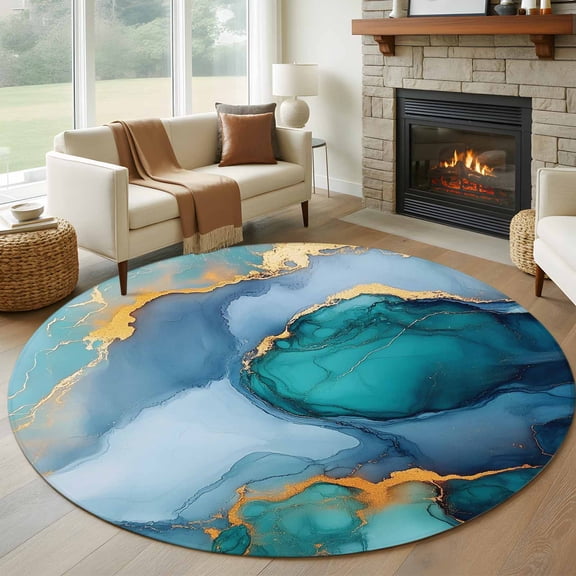 Round Rugs 5Ft, Turquoise Gold Round Area Rug Washable Indoor Throw Carpet, Modern Teal Blue Marble Textured Soft Non Slip Circle Rug for Cabinet Bathroom Home Decor Aesthetic