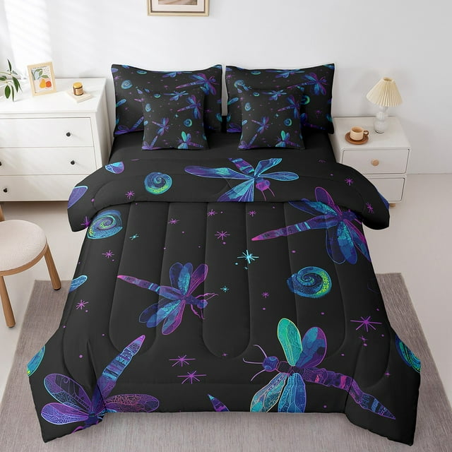 Ensemble de Douillette 7 Pcs “Bed in a Bag” pour Femmes à Motif Libellules, Simple, Dégradé Bleu Violet, Ensembles de Literie Libellules Rêveur Rustique, Ensemble de Draps avec Douillette