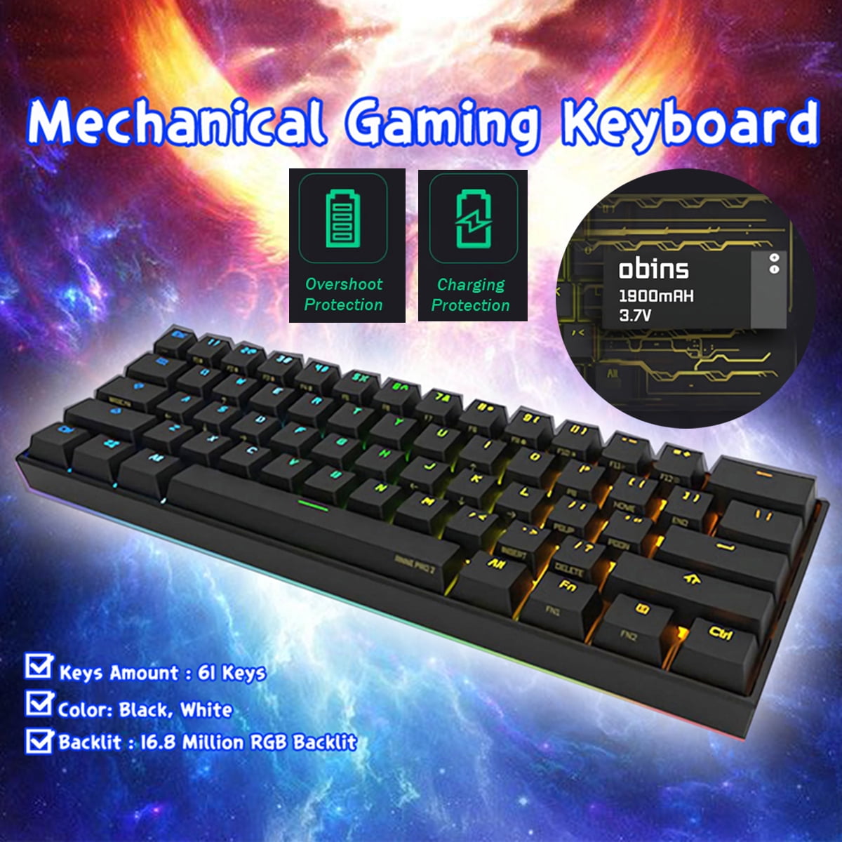 Lyntop Gaming Keyboard with RGB Backlight Kailh Box Switch Detachable Type-C 61-Key NKRO RGB Mechanical Gaming Keyboard Color : Black, Size : One Size