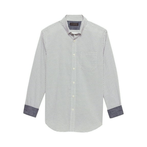 New Banana Republic Mens White Brown Standard Fit Button Down Shirt Medium M 3307-7