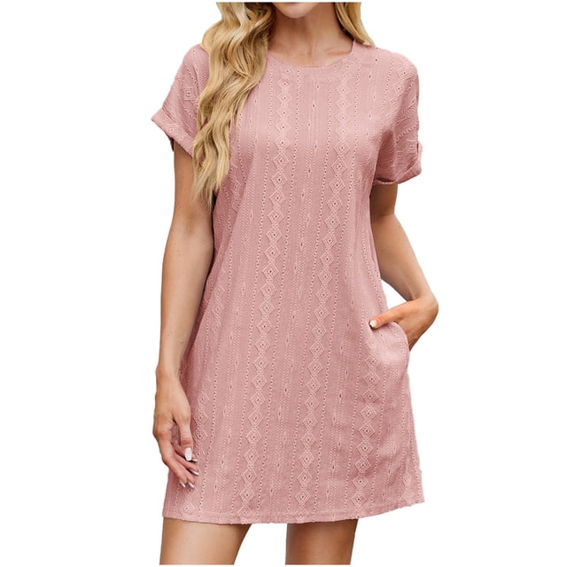 Amzcrzy Robe Femme Couleur Unie Manches Courtes Printemps Été Robe Respirante Col Rond Décontractée Robe Tendance Texturée Mini Robe d'Été avec Poche