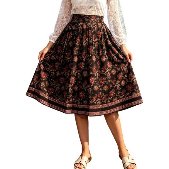 Jane Wardrobe Oktoberfest Multi Floral Print Elastic Waist Pleated Midi Skirt Women Bavarian Festival Glossy Silk Swing Bottom 1PC S-XXL Plus Size Friendly