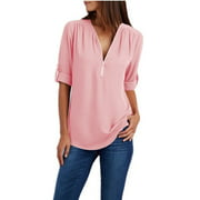 Women's Fashion Oversize Chiffon T Shirt Zipper Design V Neck Women Plus Size Blouse Shirt