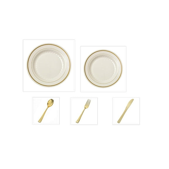 Gold Splendor Ivory/Gold 10.25" Dinner Plates   7" Salad Plates   Gold Cutlery *Party for 120*
