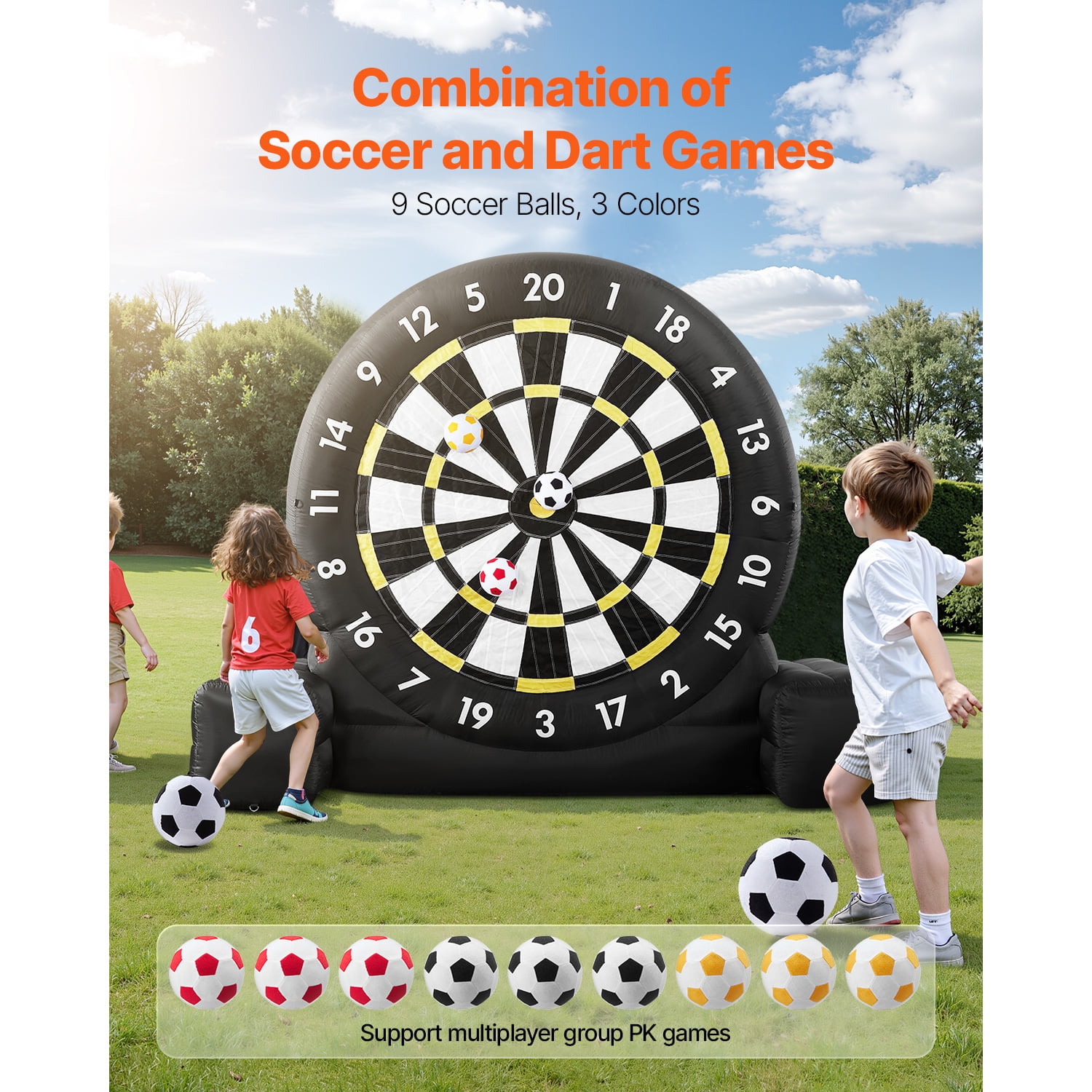 KFFKFF Blow-up Soccer Dartboard, Surpassing 8 ft Tall Massive Soccer Dartboard with 9 Kick Balls & Inflation Device, Trio Colored Balls & Quick 120-Seconds Assembly