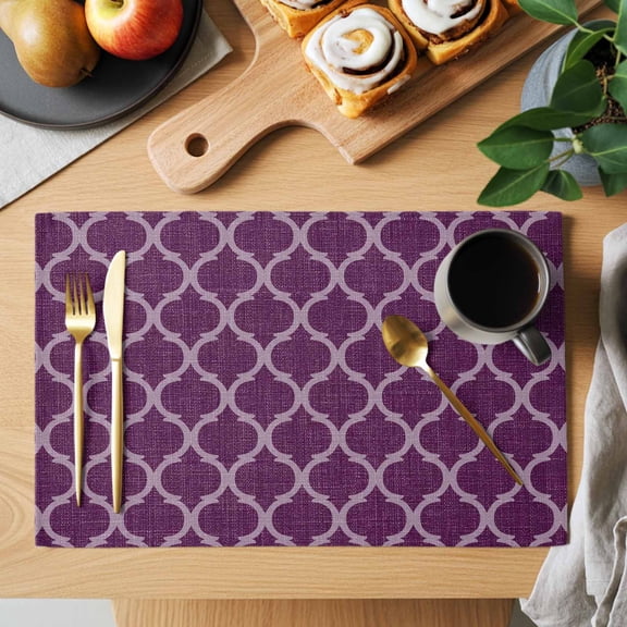 Purple Plaid Placemats Set of 2, Retro Country Moroccan National Geometrical Plaid Heat Insulated Linen Place Mats, Washable Stain-Proof Table Mats for Dining Tables Holiday Decor 13x19 Inches