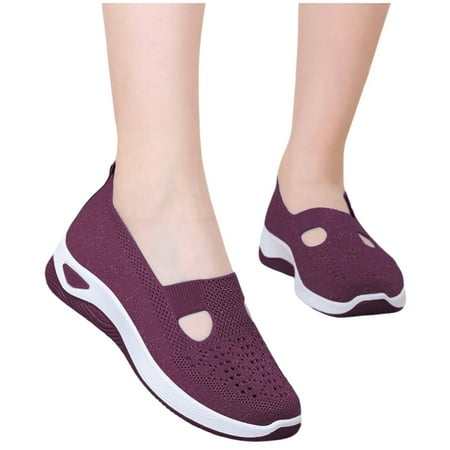 Ballet Flats for Women Round Toe Mary Jane Shoes Comfortable Dressy Women Flats Adjustable Straps Washable Knit Slip On Shoes Purple A 6.5