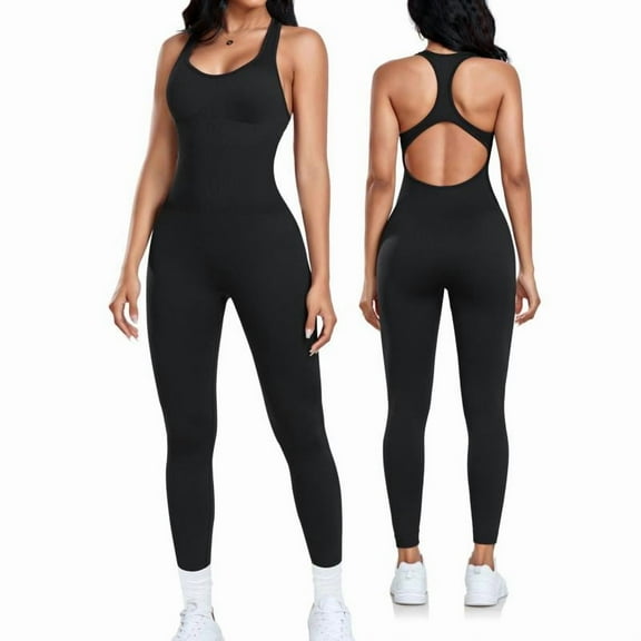 AEXTO Women's Square Neck Sports Jumpsuit with Removable Bra Pad, Womens Solid Sleeveless Sport Jumpsuit, Ladies Sportswear Clothing, Tummy Control, Jumpsuits for Women, Workout Gym Clothing