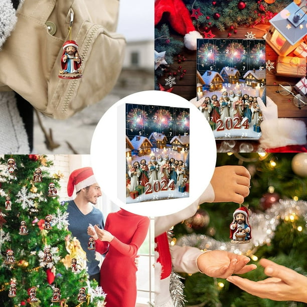 Decoración navideña, adornos navideños, calendario de adviento de vacaciones de festival, colgante de calendario navideño de 24 días con gorros de Papá Noel, adornos de árbol de Navidad 2D para colgar