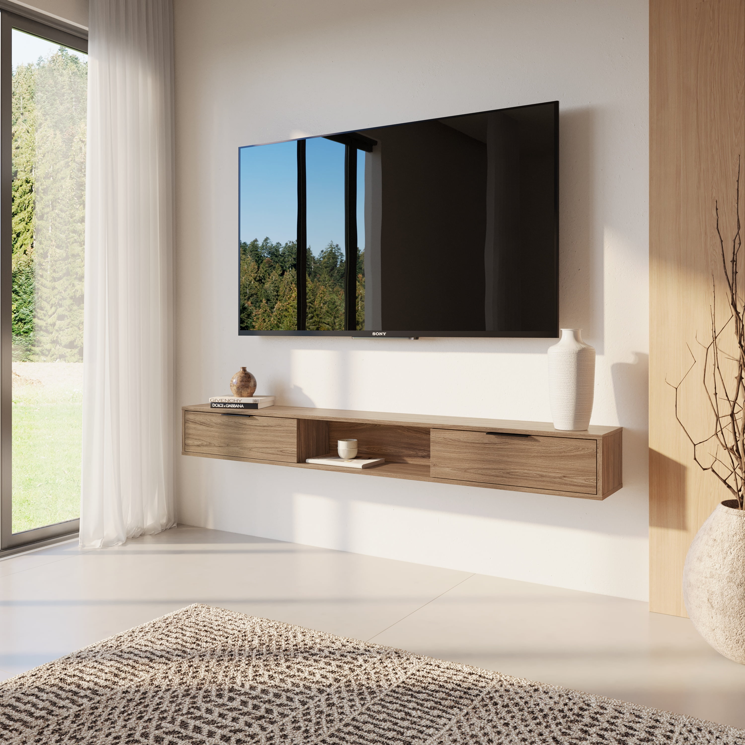 Meuble TV mural Nexera Slim 72 po avec 2 armoires, noyer clair