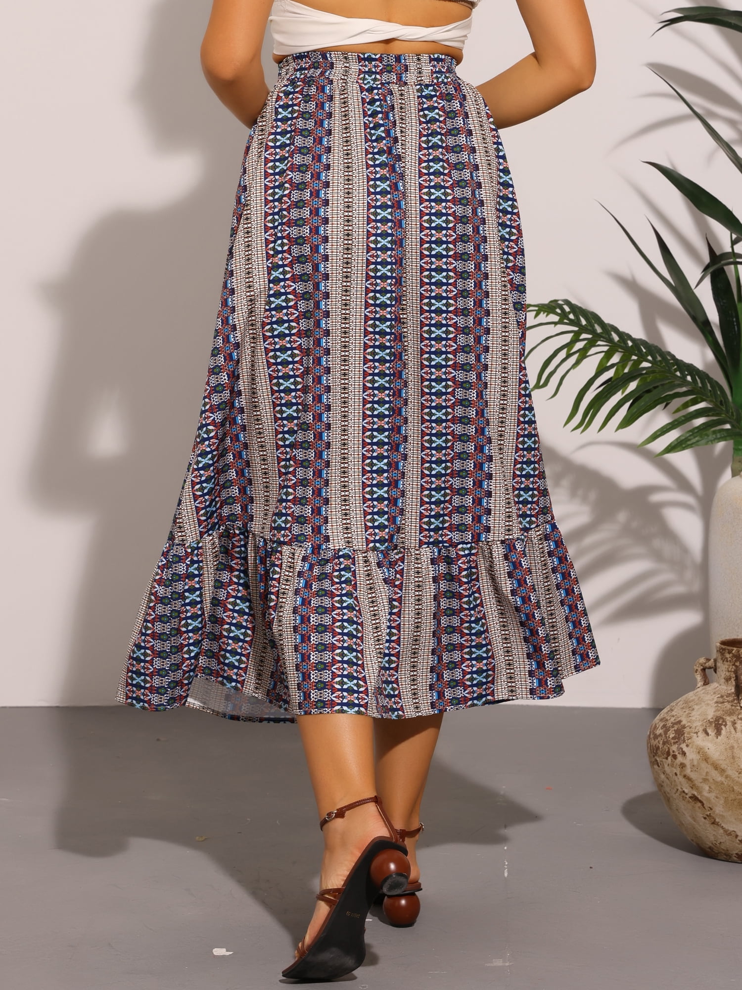 DARING DIVA Women's Elastic High Waist A-Line Spring Printed Midi Skirt XS Dark Blue