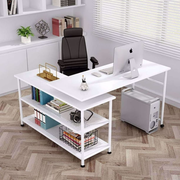 L Shaped Desk With Storage Shelves, Modern White Writing Desk With Drawers And Shelves
