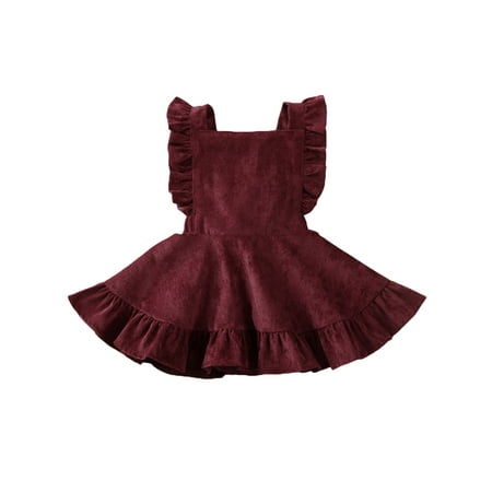 

Frobukio Kids Baby Girls Princess Solid Corduroy Dress Autumn Winter Ruffles Casual Suspender Dress Clothes Wine Red 2-3 Years