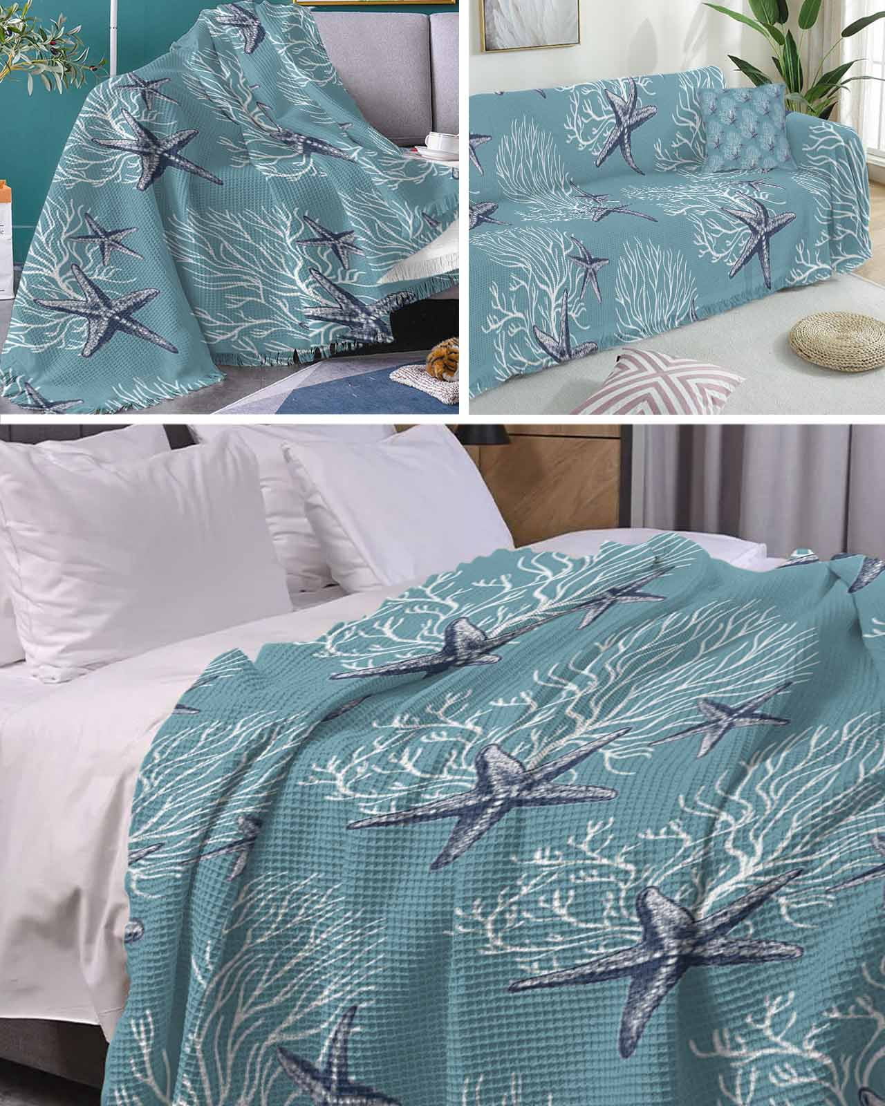 Blue Starfish Sofa Covers for 3 Cushion,Washable Couch Cover for Sectional Sofa Slipcoverwith Tassel,Coastal Coral Summer Beach Sea Nautical Loveseat Covers Futon Cover Throw Blanket 71''x118''