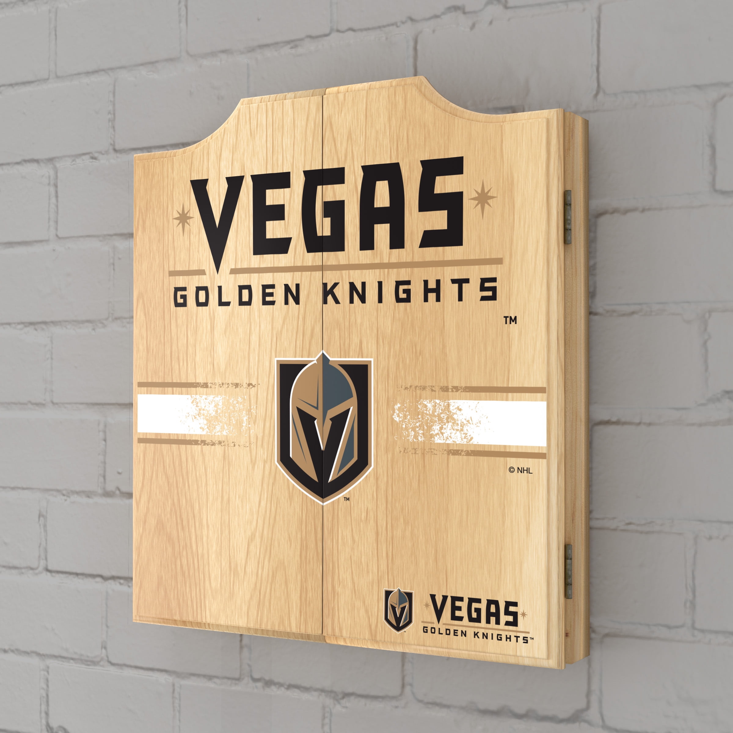 Vegas Golden Knights Logo Dart Board Cabinet Set with 6 Steel Tip Darts