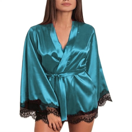 

Inevnen Women s Lace-Trim Robe Long Sleeve Satin Kimono Sleepwear Bridesmaid Wedding Party Nightwear